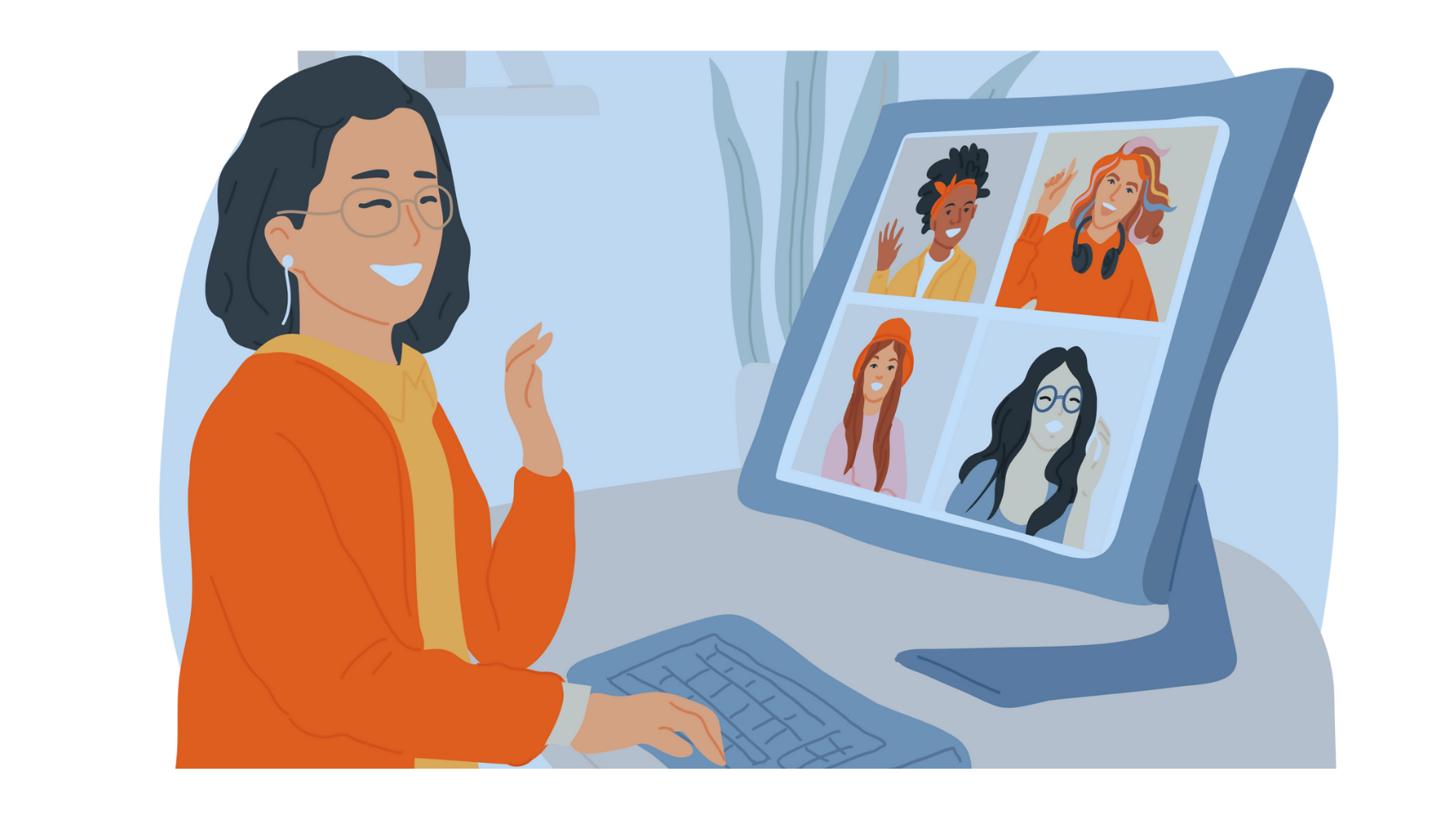 A professional communicating with four others on a video call